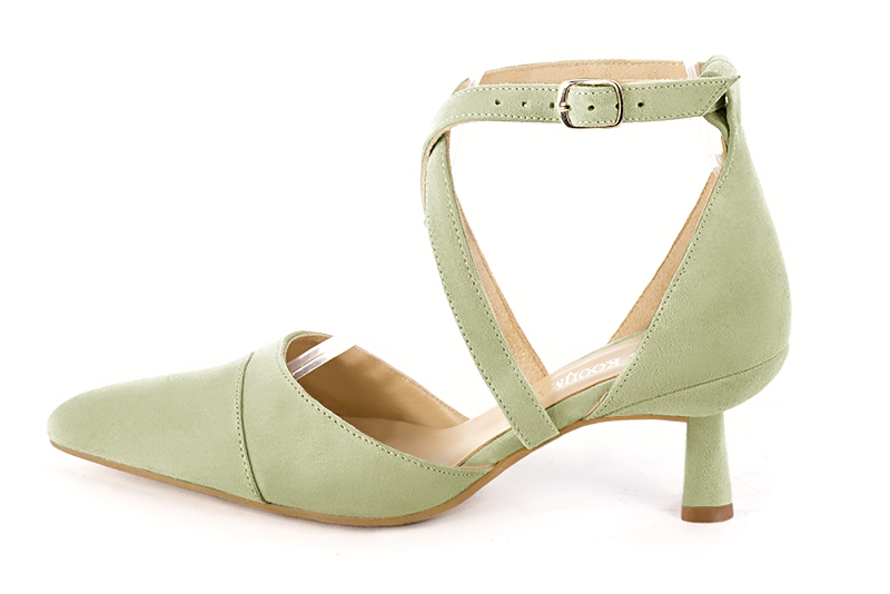 Meadow green women's open side shoes, with crossed straps. Tapered toe. Medium spool heels. Profile view - Florence KOOIJMAN